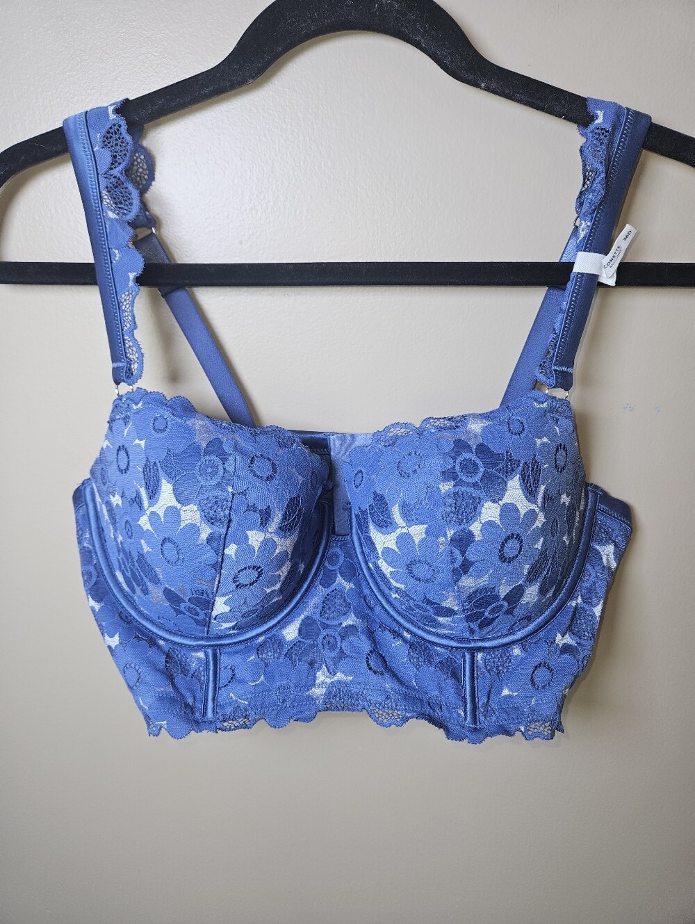 Aerie Blue Lace Floral Balconette Lightly Padded Underwire Bra Lingerie 36D Sexy